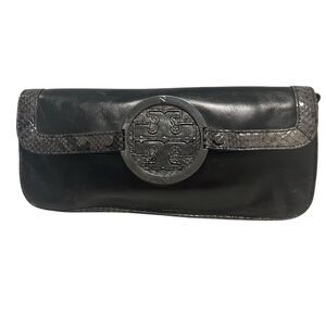 Tory‎ Burch Women's Black Leather Clutch with Snakeskin Trim